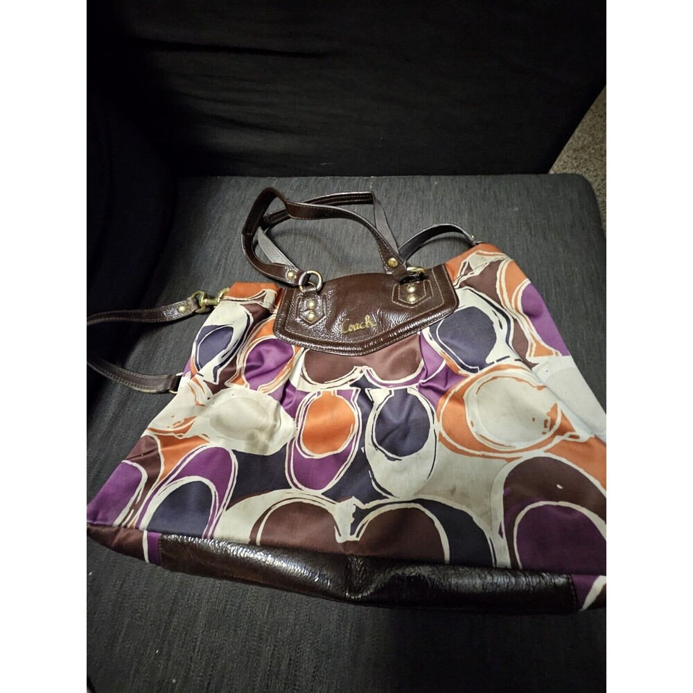 COACH Ashley Logo Scarf Print Sateen Purple Brown Tote Bag Purse F20113